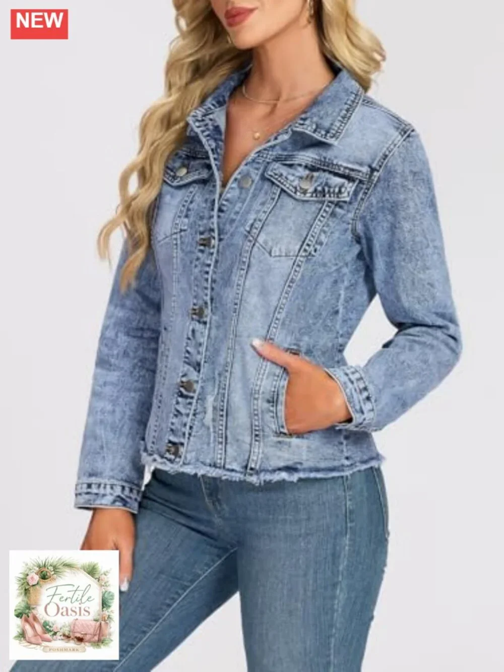 Women's Frayed Hem Denim Jacket Distressed Trucker Coat Oversized Shacket